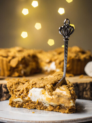 a slice of vegan peanut butter pie with a fork sticking in it