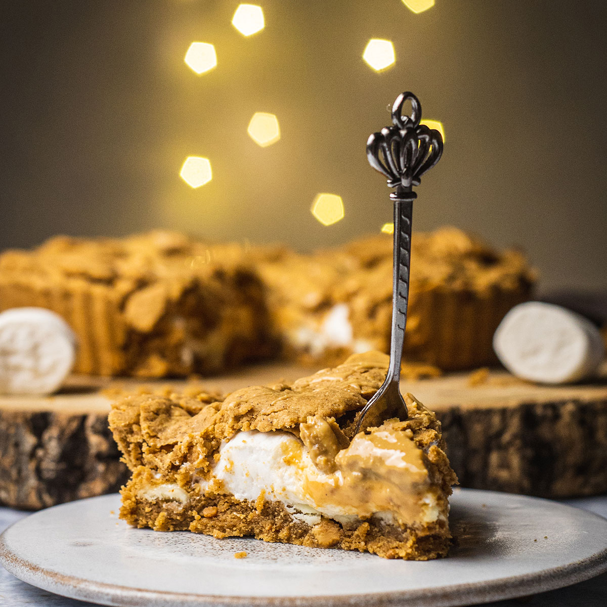 a slice of vegan peanut butter pie with a fork sticking in it