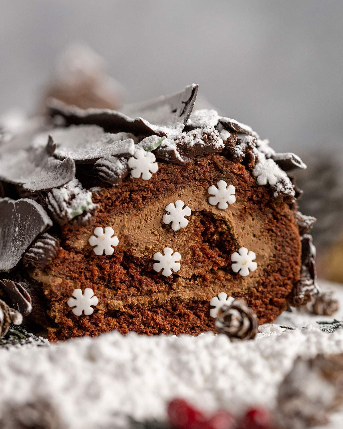 Vegan Yule Log with Chocolate bark sprinkled in icing sugar