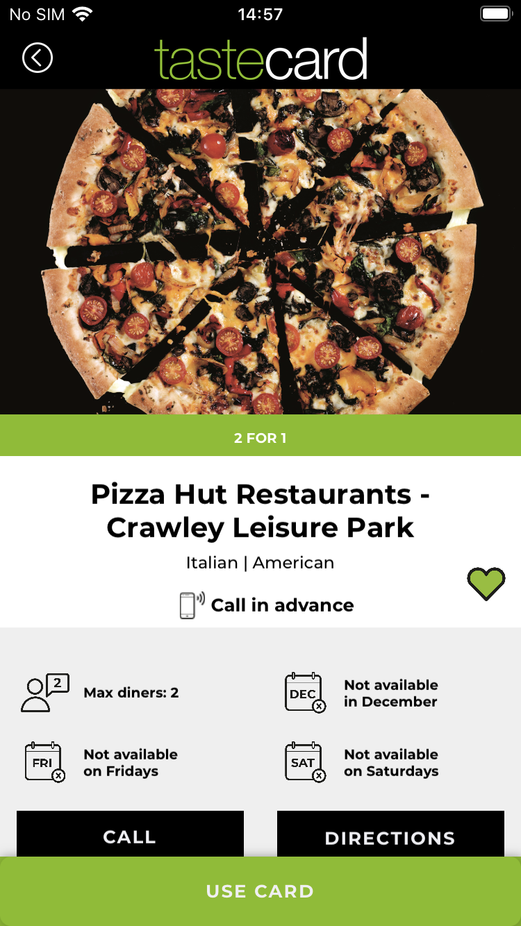 pizza hut restaurant on tastecard app