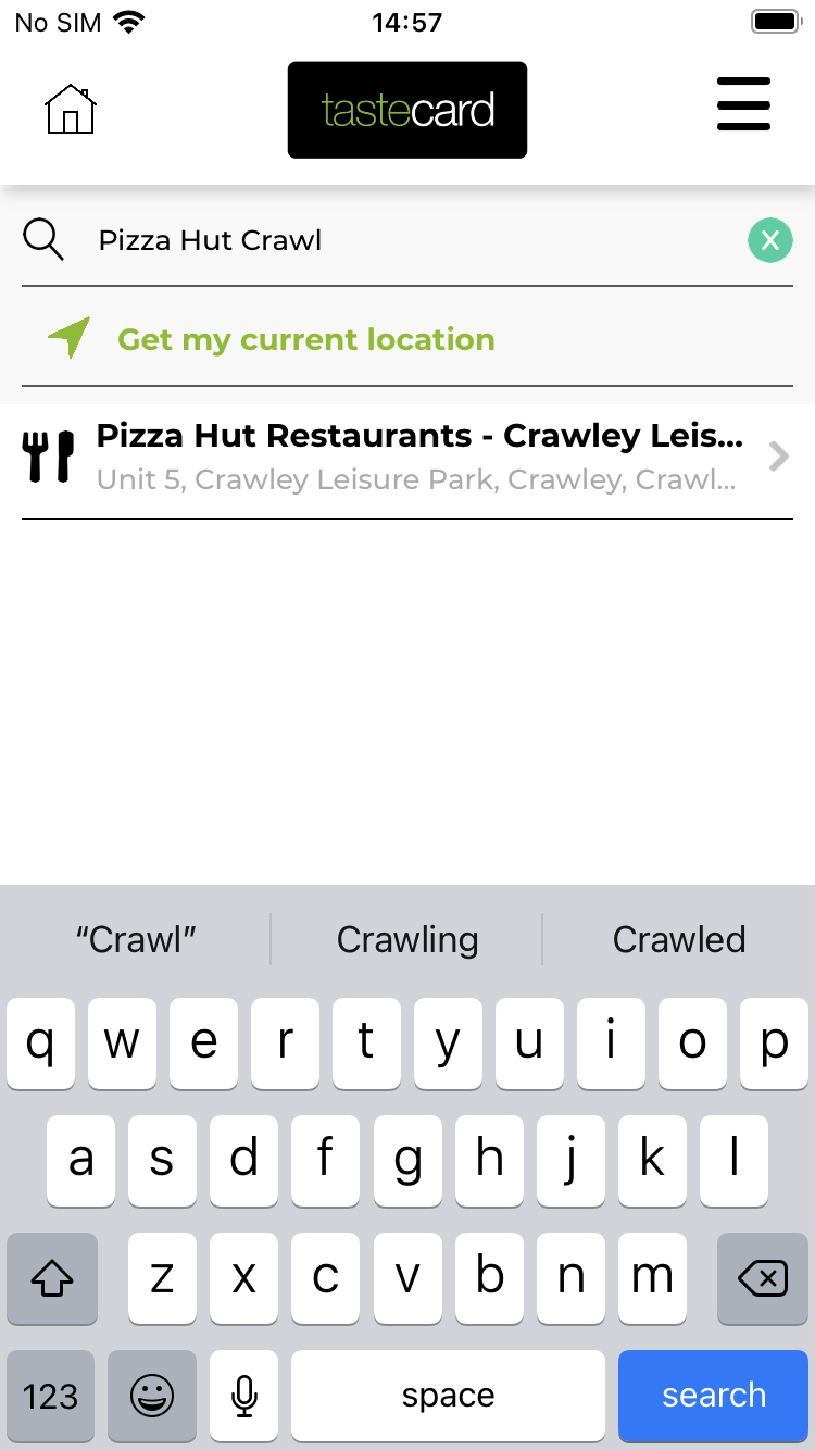 searching for pizza hut location on tastecard app