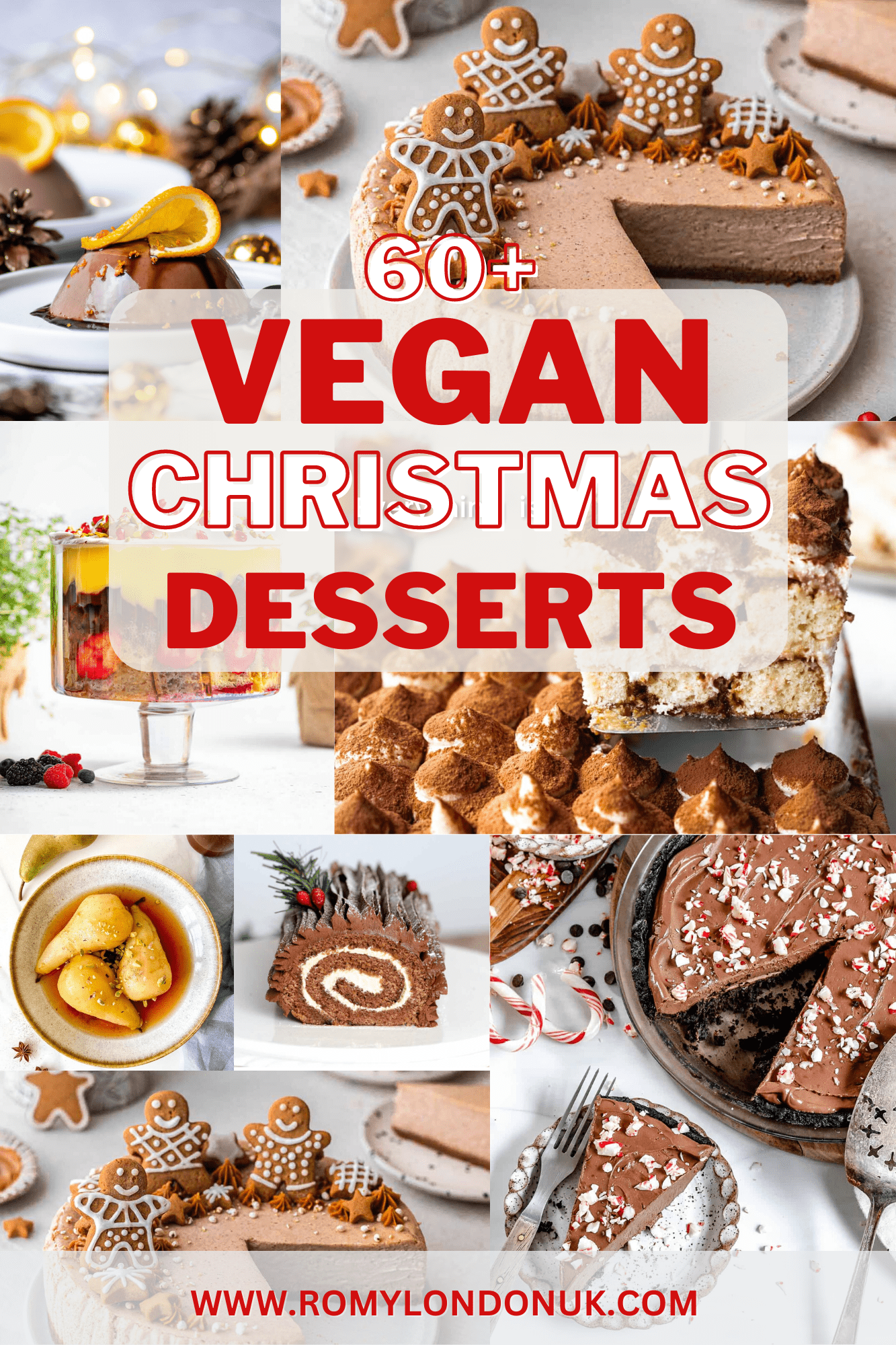 collage of vegan Christmas dessert ideas with the text '60+ vegan Christmas desserts'