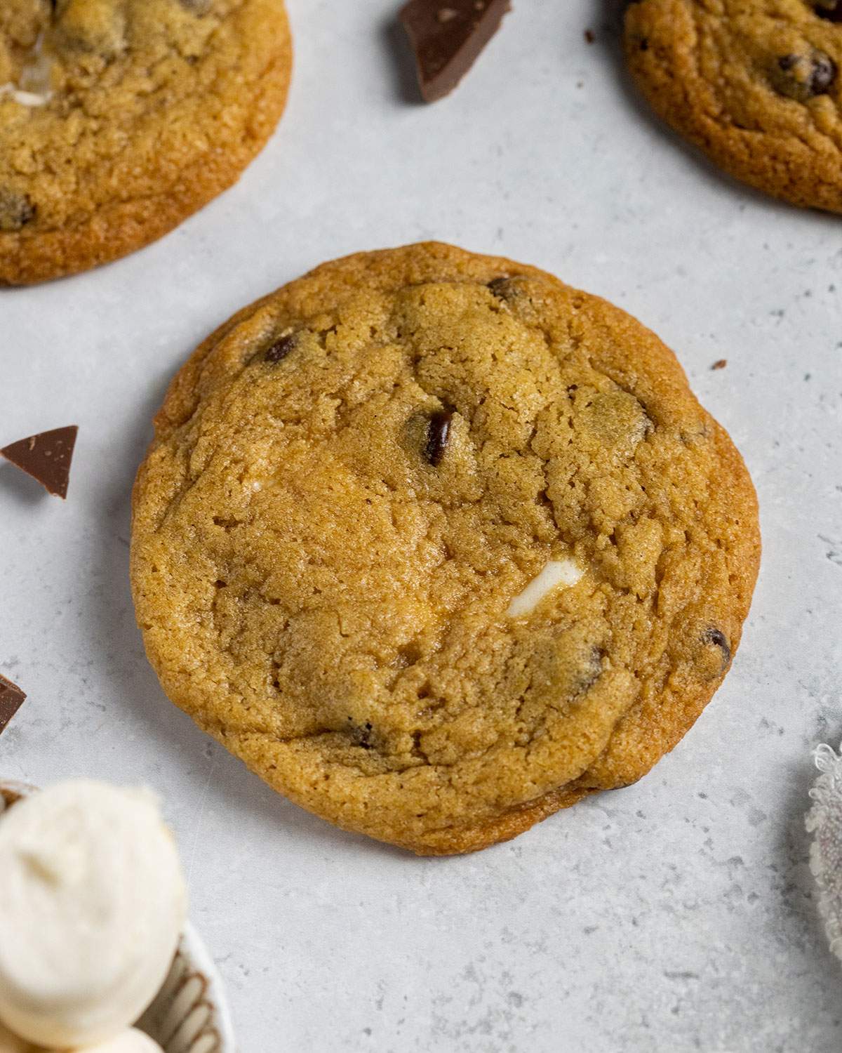 close up of a vegan smores cookie on a white table