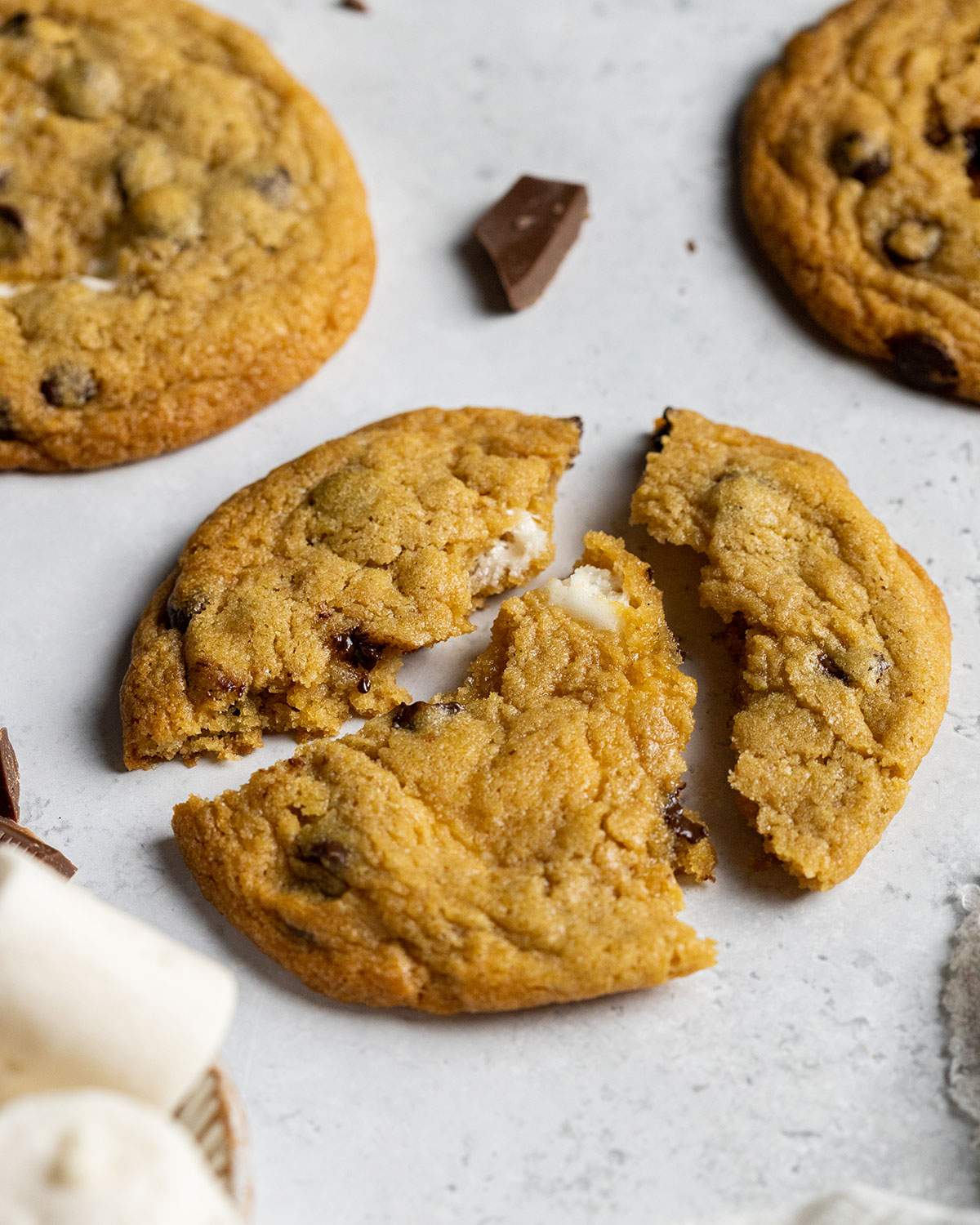 a pulled apart vegan smores cookie