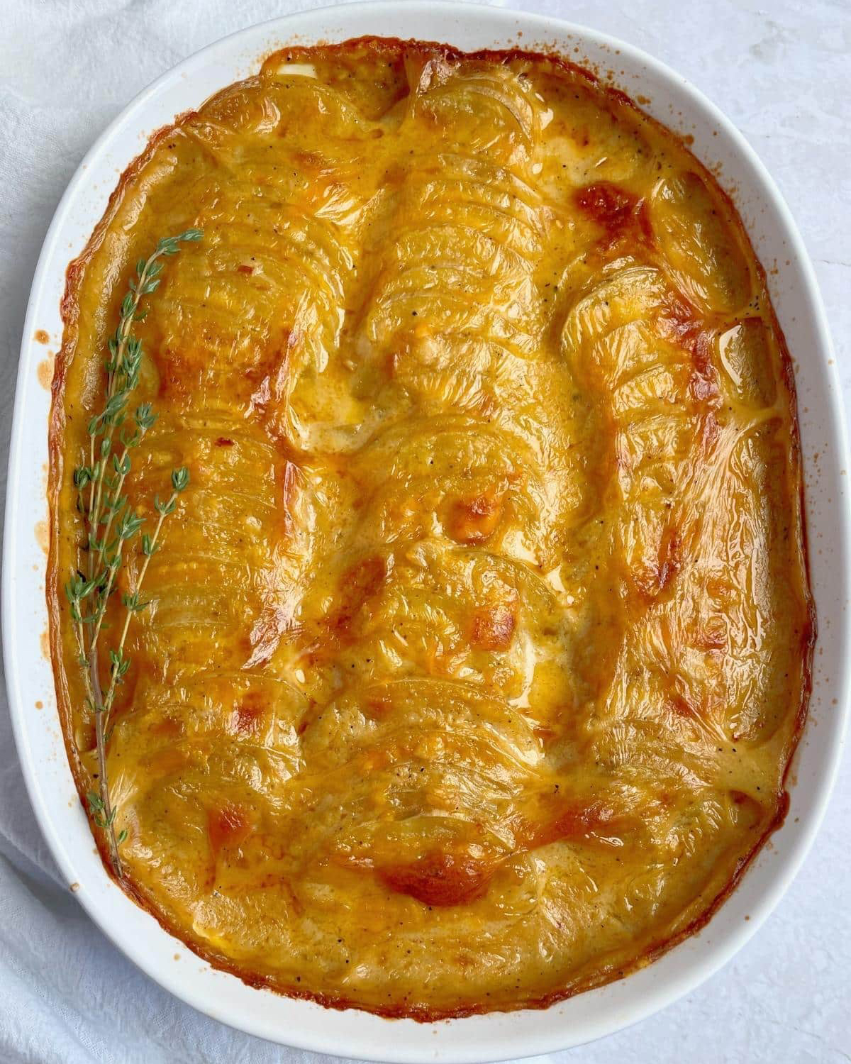 scalloped potato bake in an oval oven dish