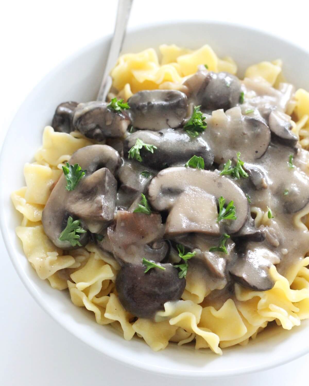 a white bowl filled with pasta and mushroom stroganoff on top