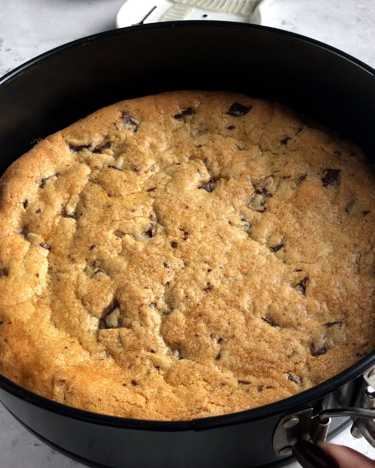 vegan cookie cake fresh out of the oven