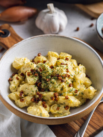 gnocchi carbonara in a bowl