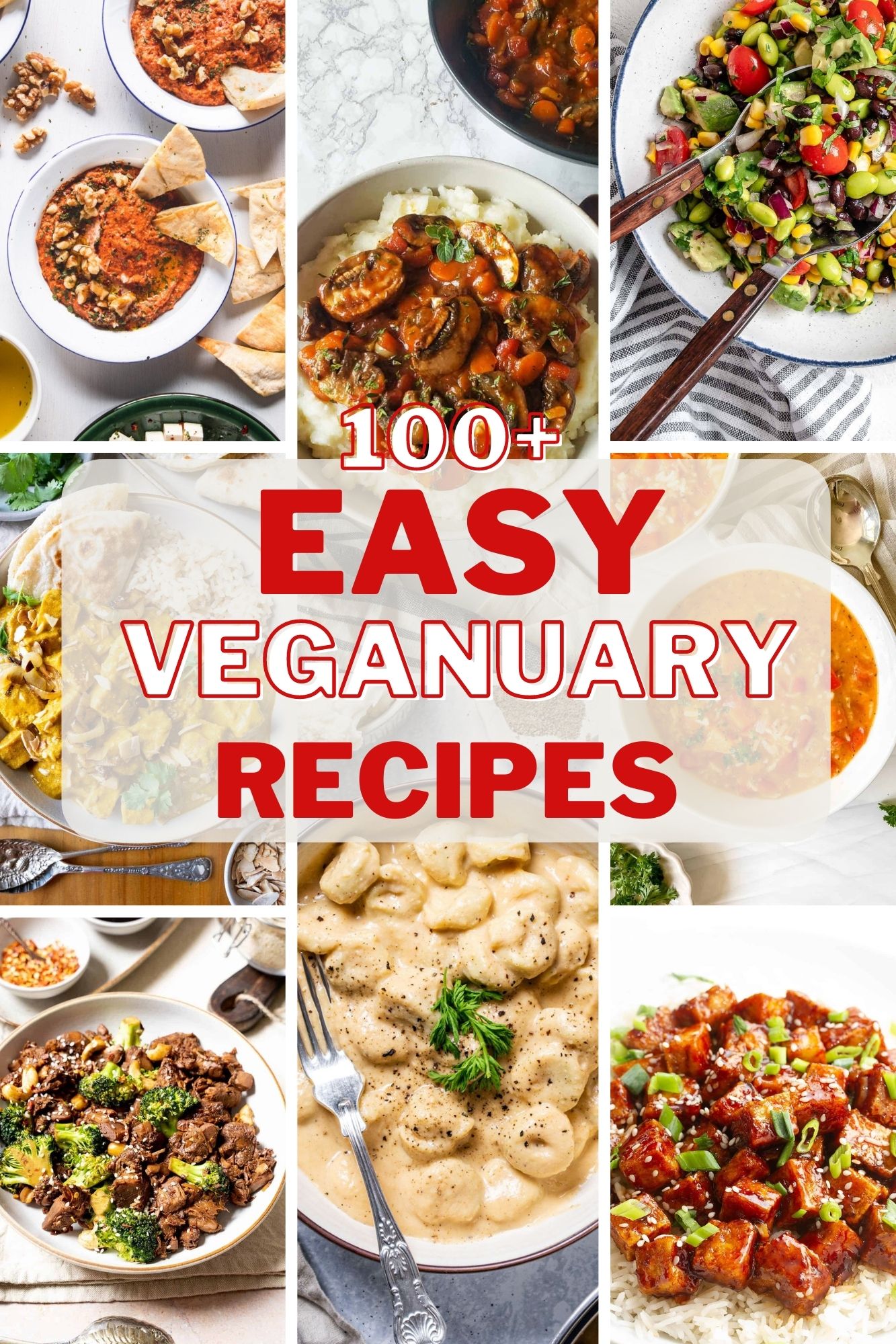 collage for veganuary recipes with 9 images of different vegan recipes