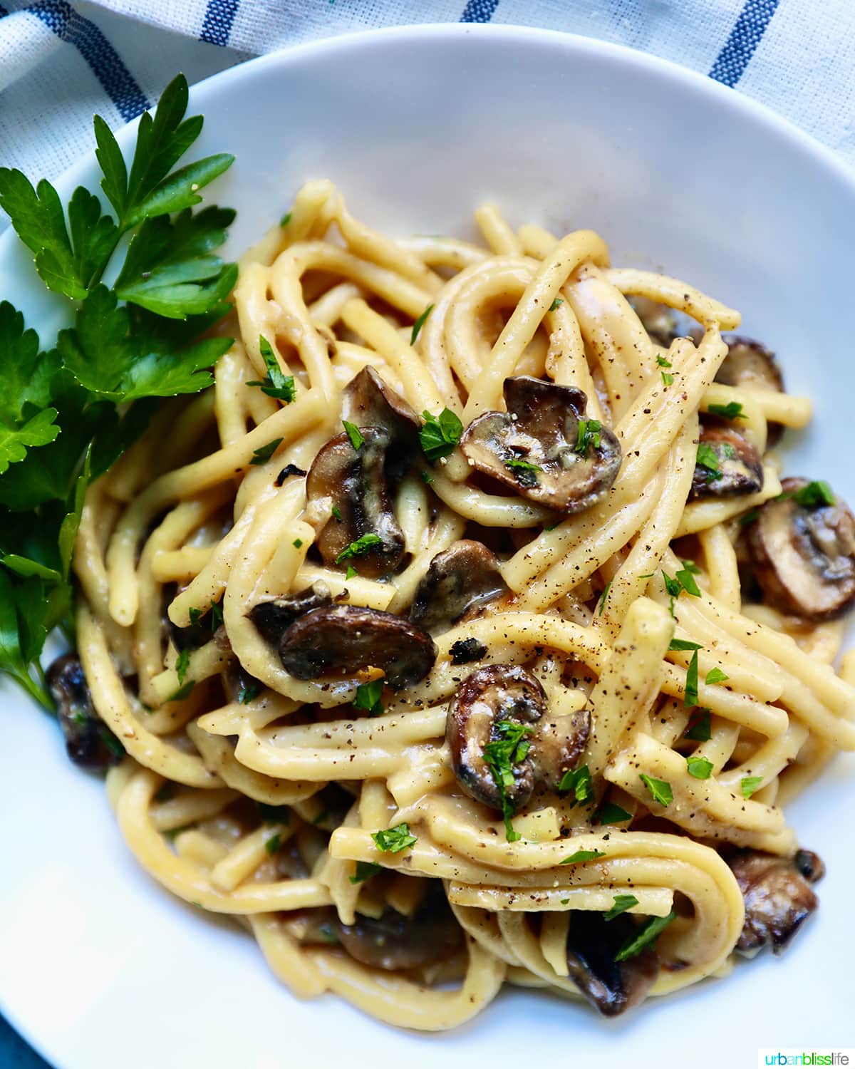 a bowl of vegan pasta with crispy mushrooms on top