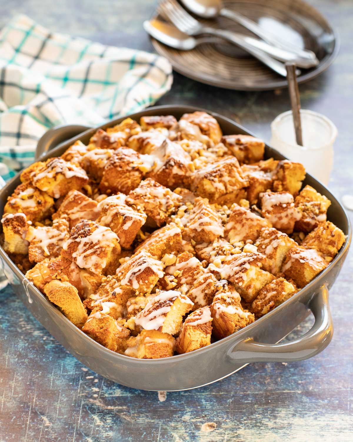 vegan french toast casserole in a large casserole dish