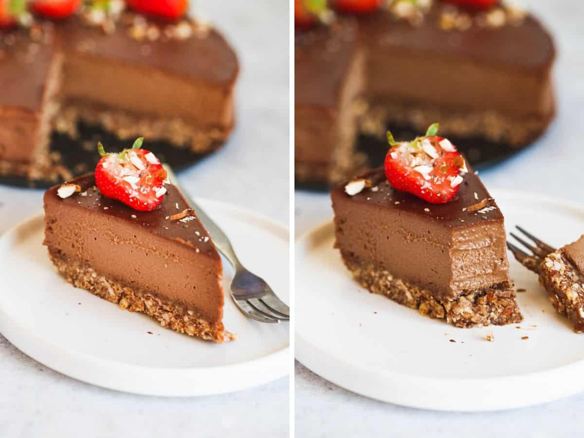 two pictures of a slice of vegan chocolate cheesecake topped with a strawberry. A bite taken out of the cheesecake on the right