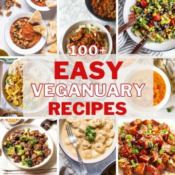 collage for veganuary recipes with 9 images of different vegan recipes