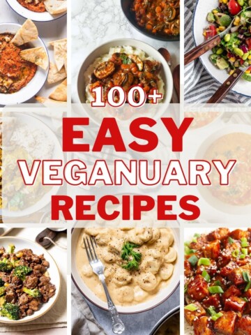 collage for veganuary recipes with 9 images of different vegan recipes