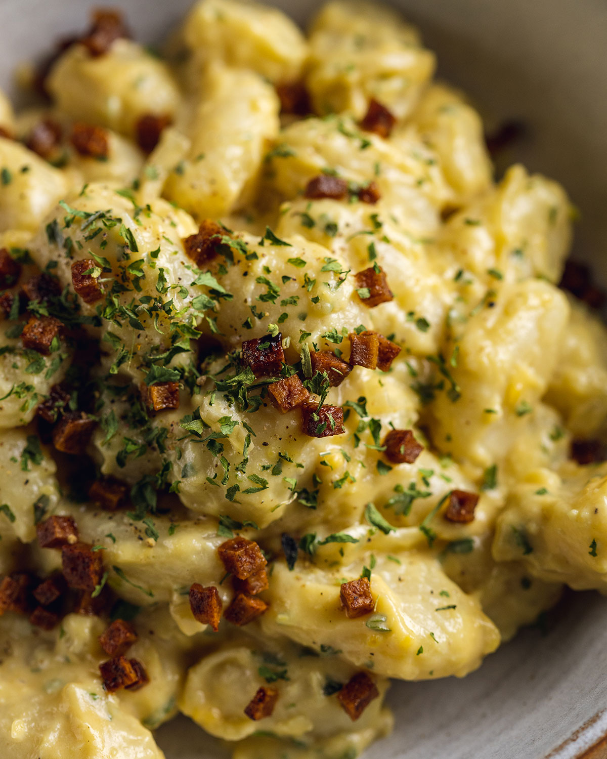 close up of gnocchi carbonara