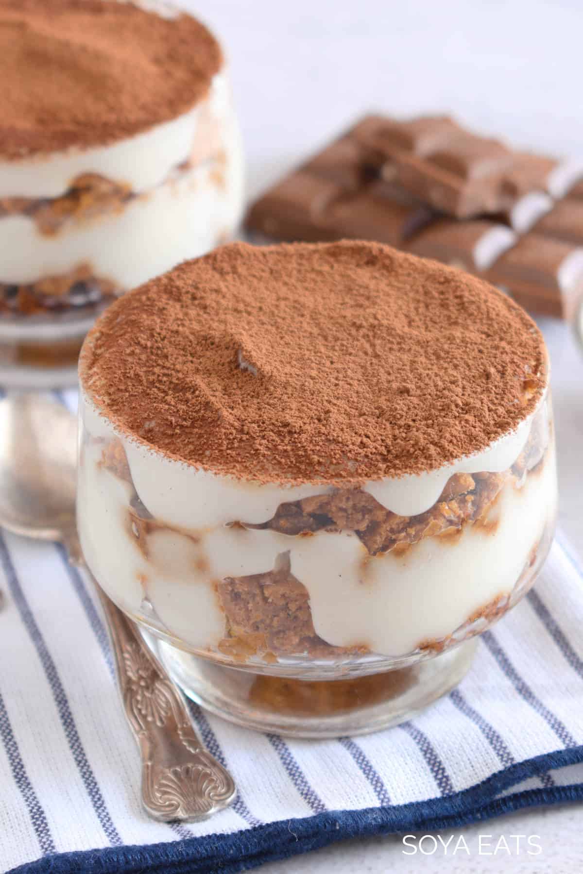 vegan tofu tiramisu on a dessert glass