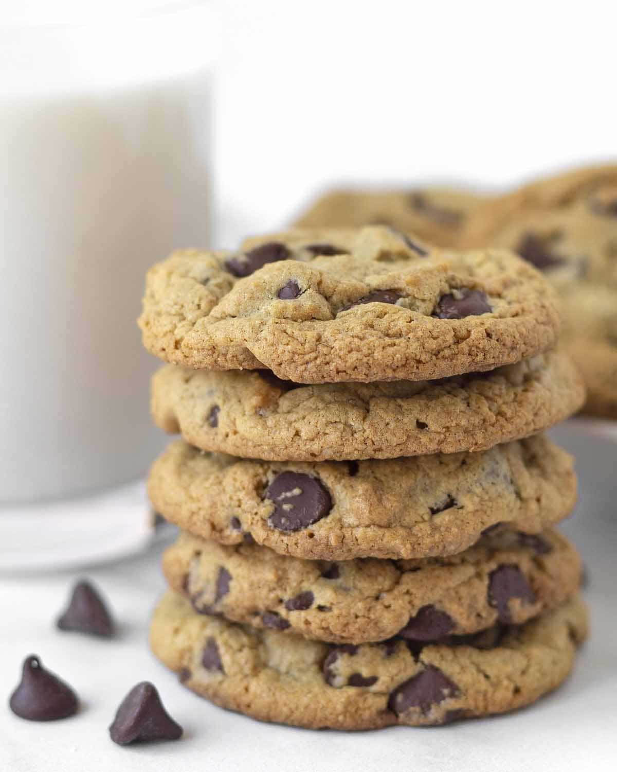 a stack of vegan oat flour chocolate chip cookies