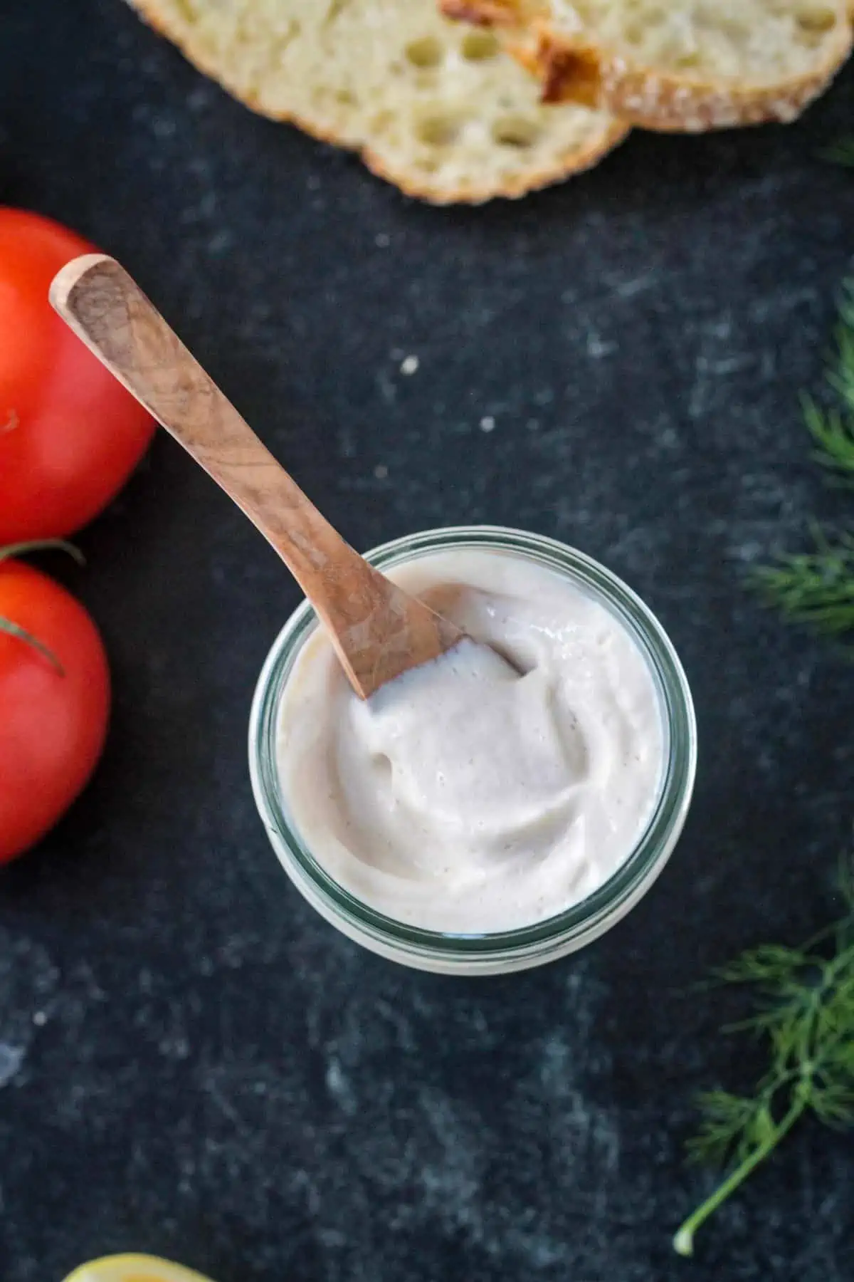 vegan silken tofu mayonnaise in a glass jar