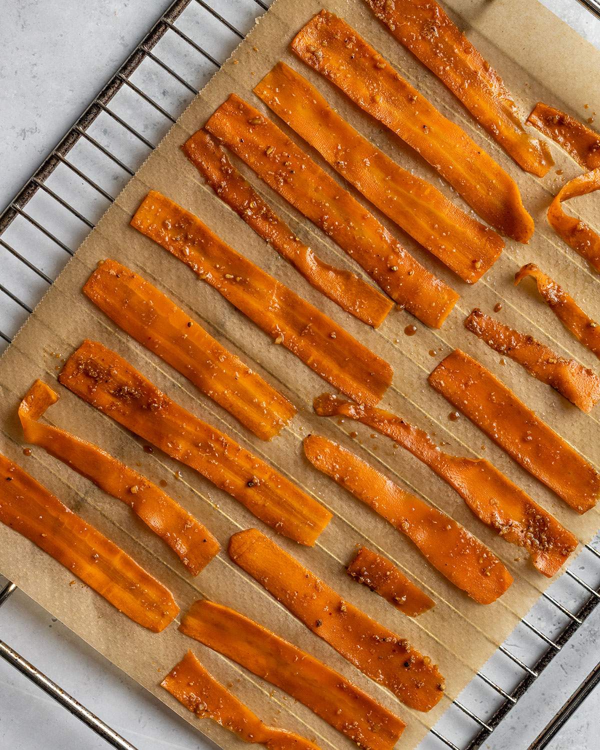 vegan carrot bacon on a baking tray