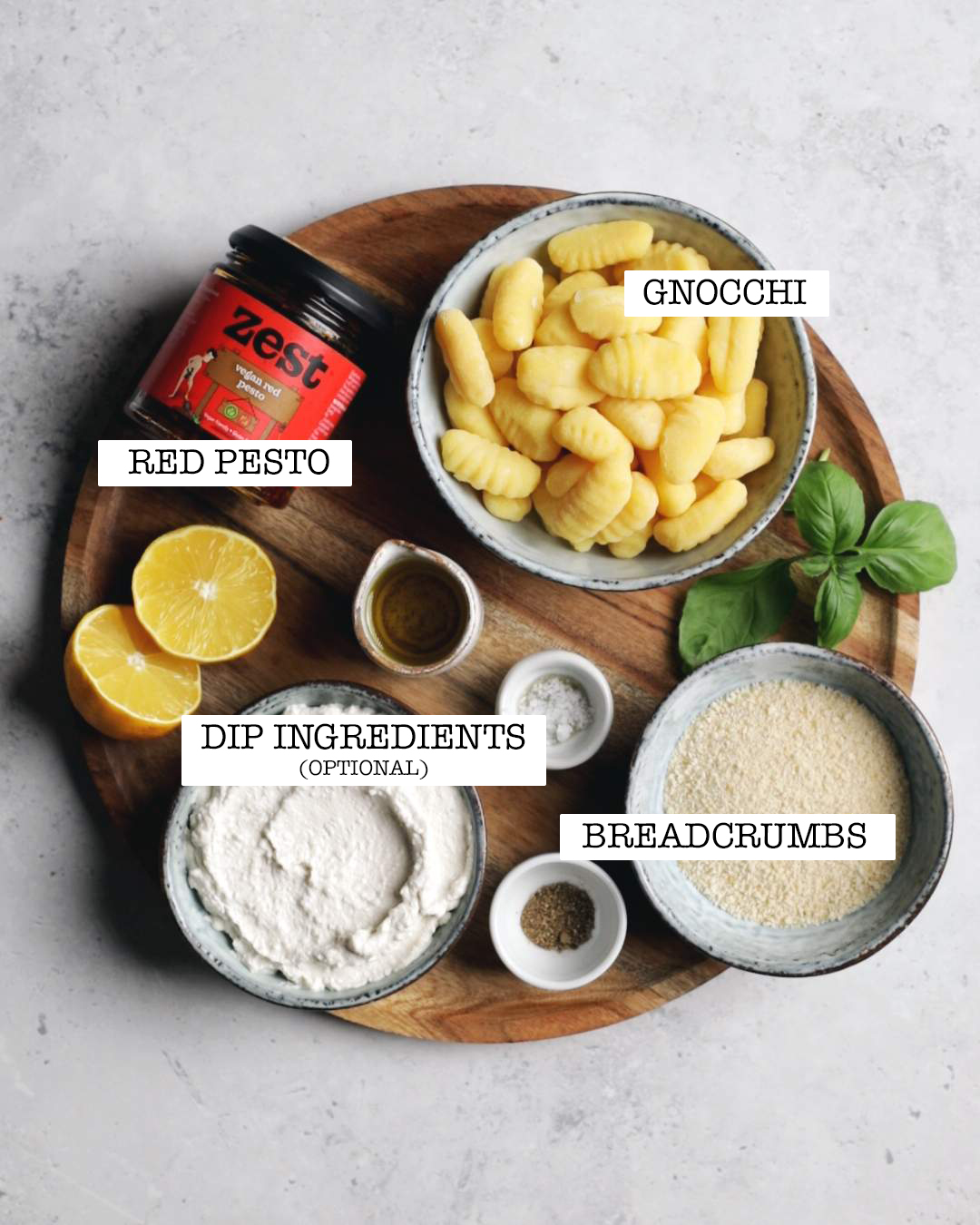 Ingredients for air fryer gnocchi on a tray.