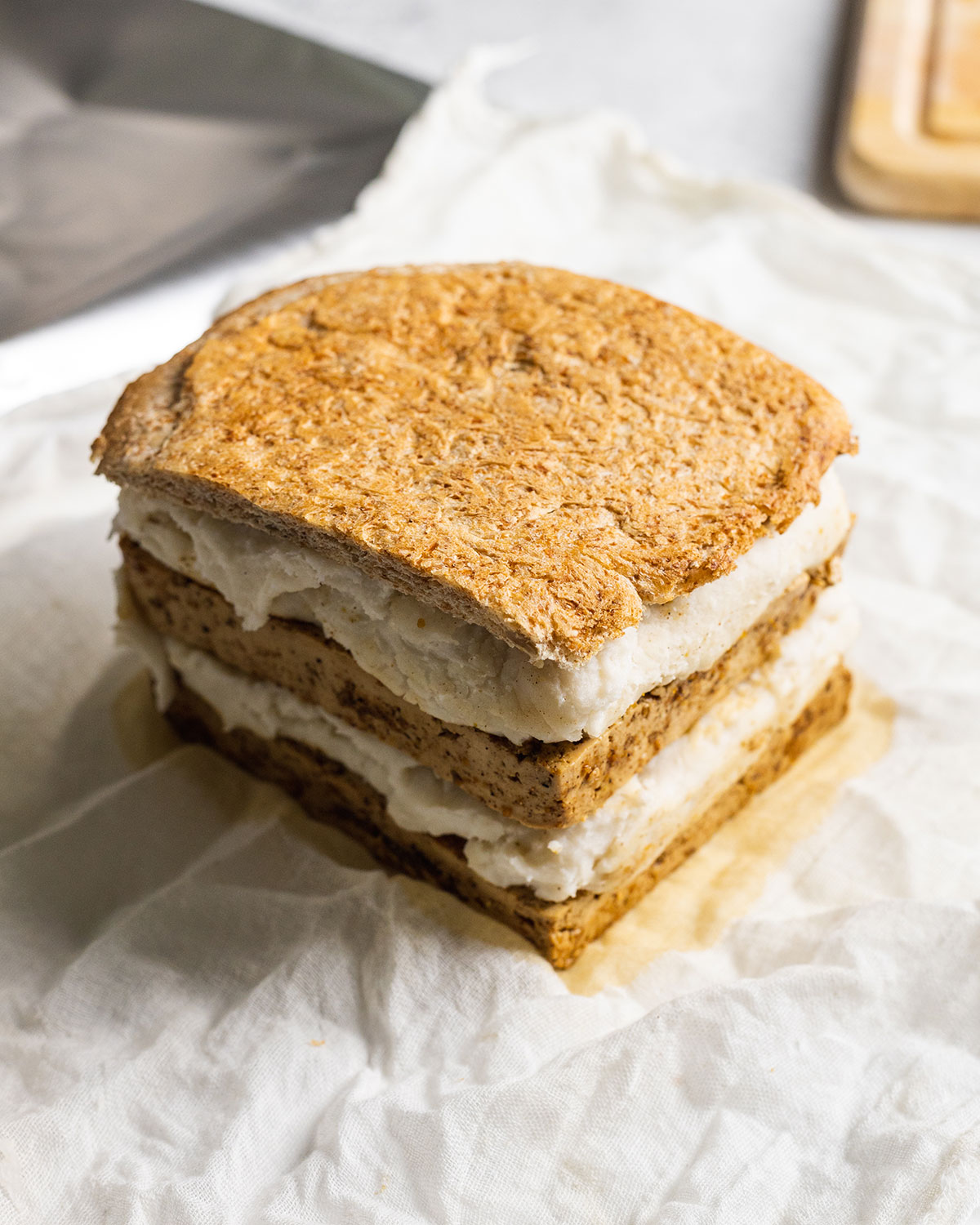 Vegan pork belly layers on a clean muslin cloth.