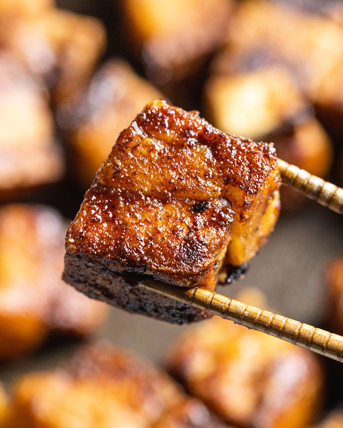 Chopsticks holding a piece of pork belly tofu into the camera.