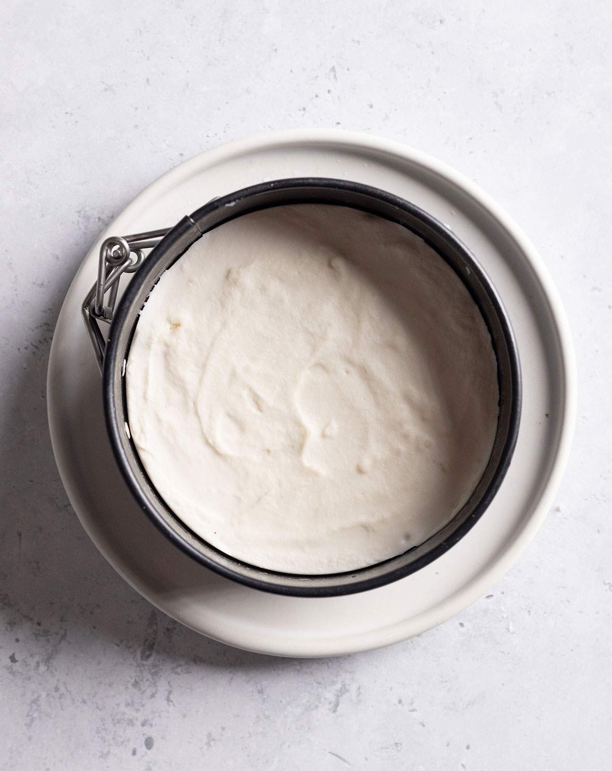 Firm vegan feta cheese is seen in a small round spring-form pan.