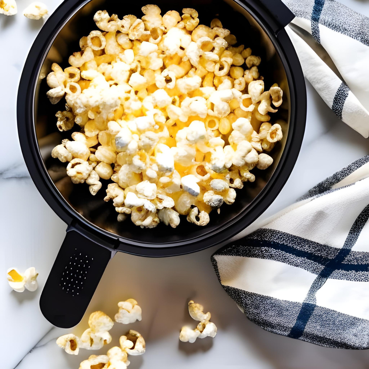 Golden popcorn can be seen from above inside a round air fryer basket.