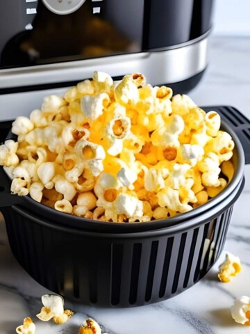 Popped popcorn kernels can be seen in a black air fryer basket on the kitchen counter with the air fryer standing behind.