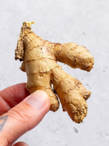 A hand holding a fresh piece of ginger.