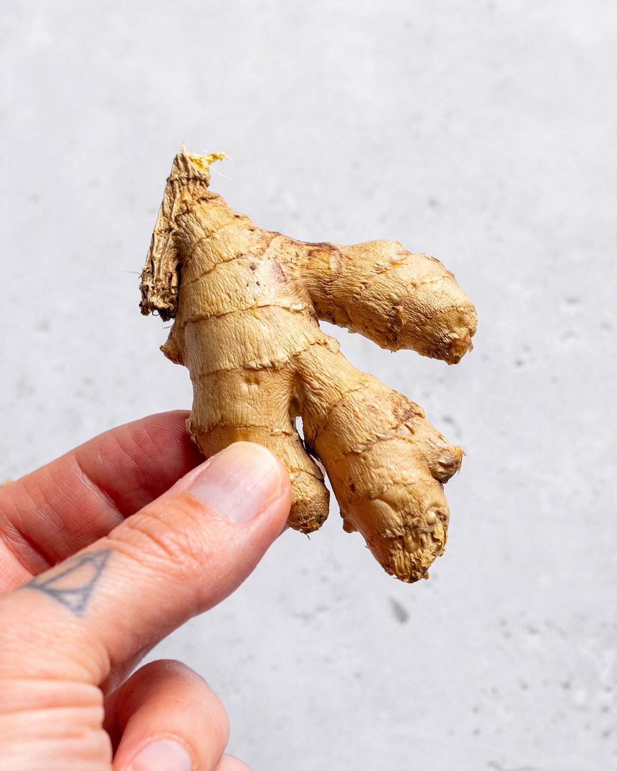 A hand holding a fresh piece of ginger.