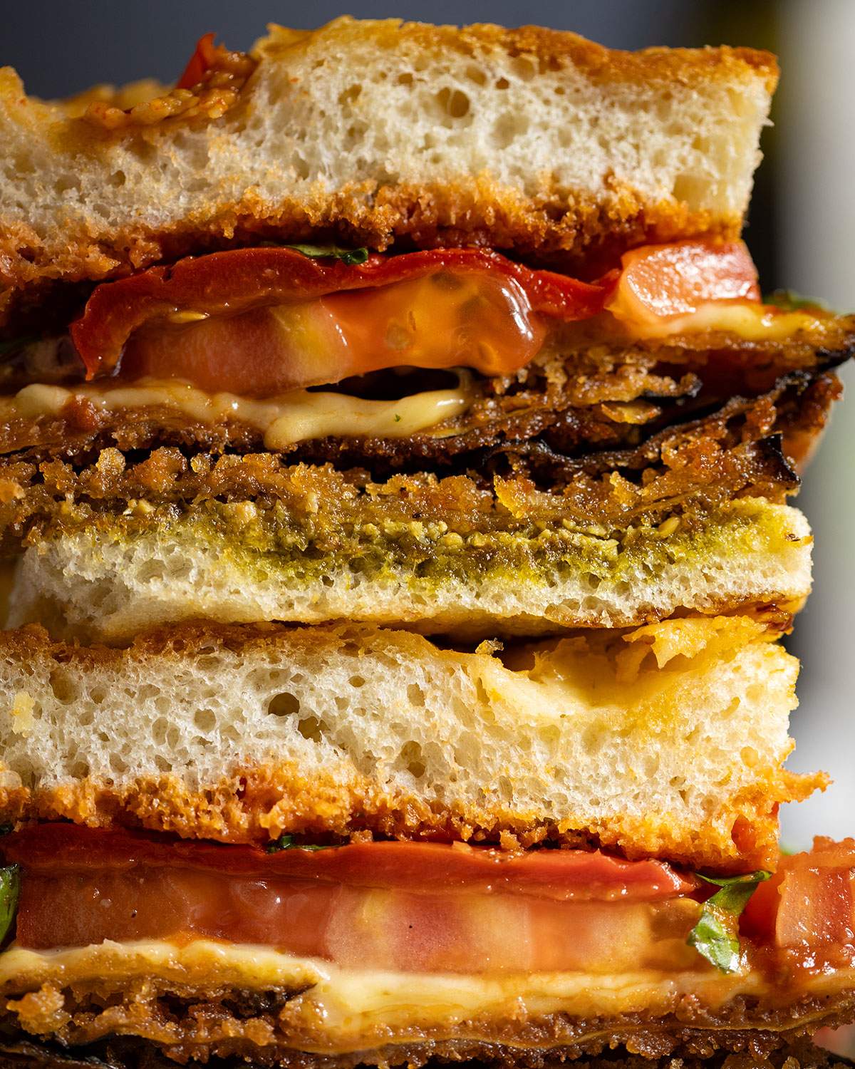 The layers of a focaccia sandwich up close.