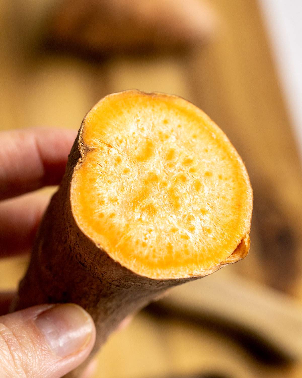The inside of an old, dry sweet potato with fibrous centre.