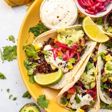 Vegan Carnitas Tacos on a plate up close.