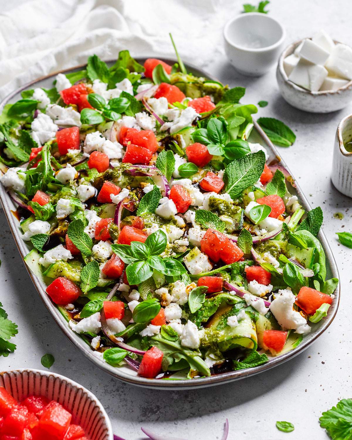 Watermelon feta salad on a serving platter.