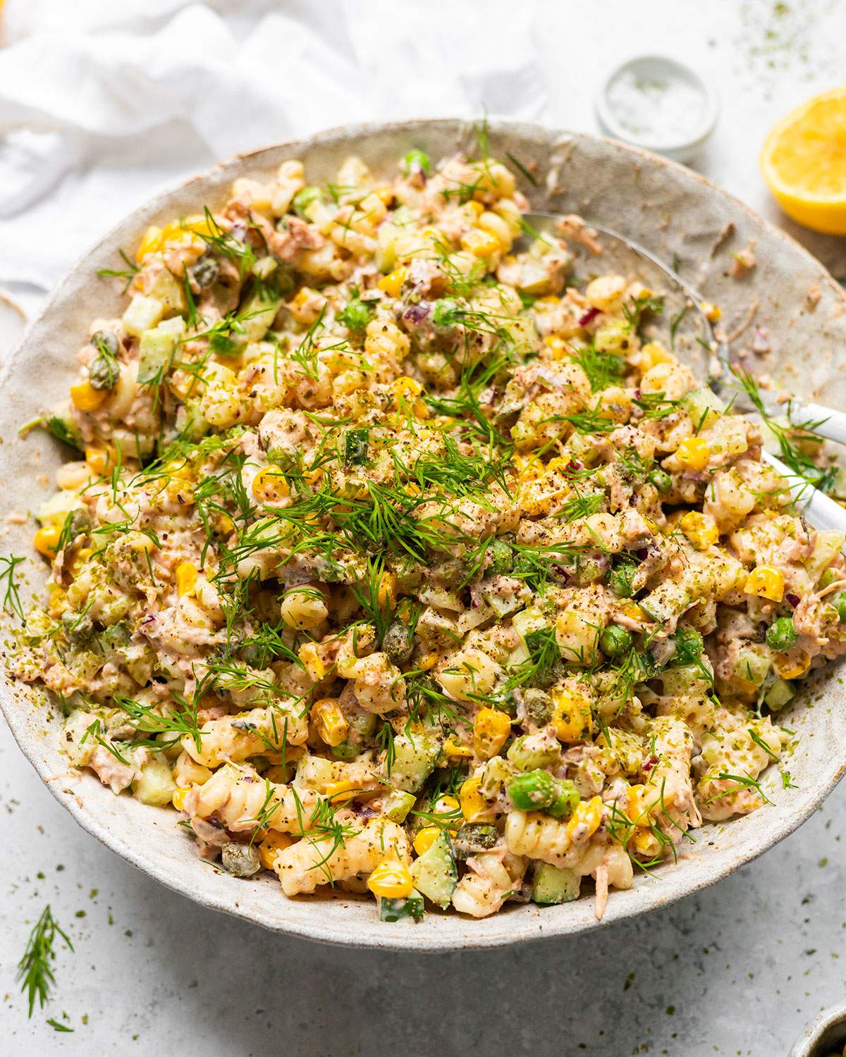 Vegan Tuna pasta salad in a large serving bowl.