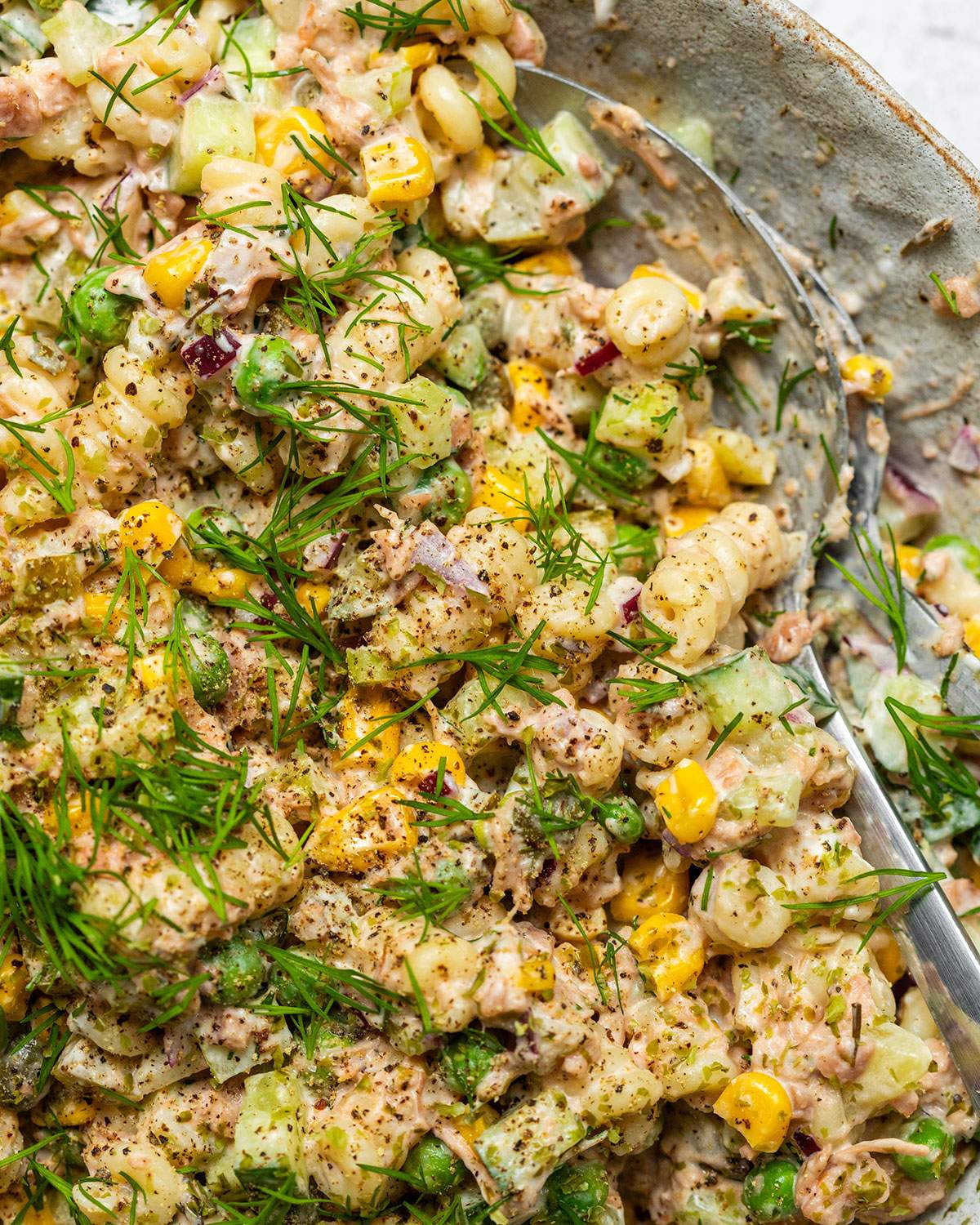 Vegan tuna salad in a bowl shown up close.