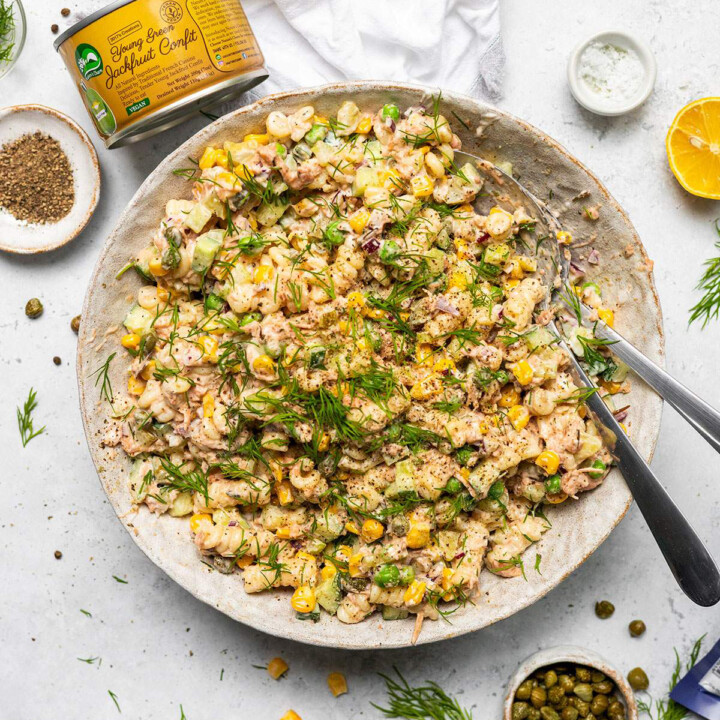Vegan Tuna pasta salad in a serving bowl.