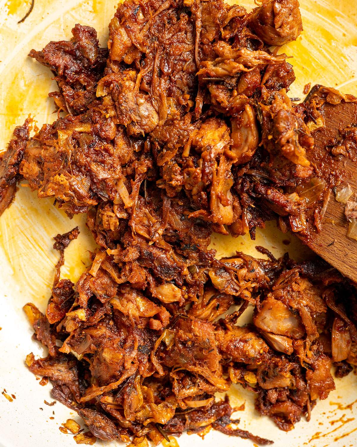 Jackfruit cooking in a skillet.