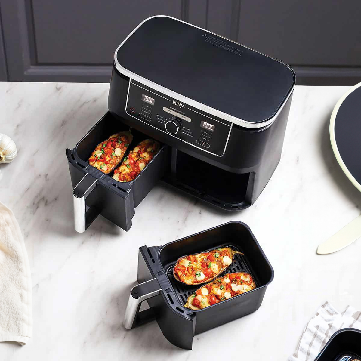 Food in an open air fryer.