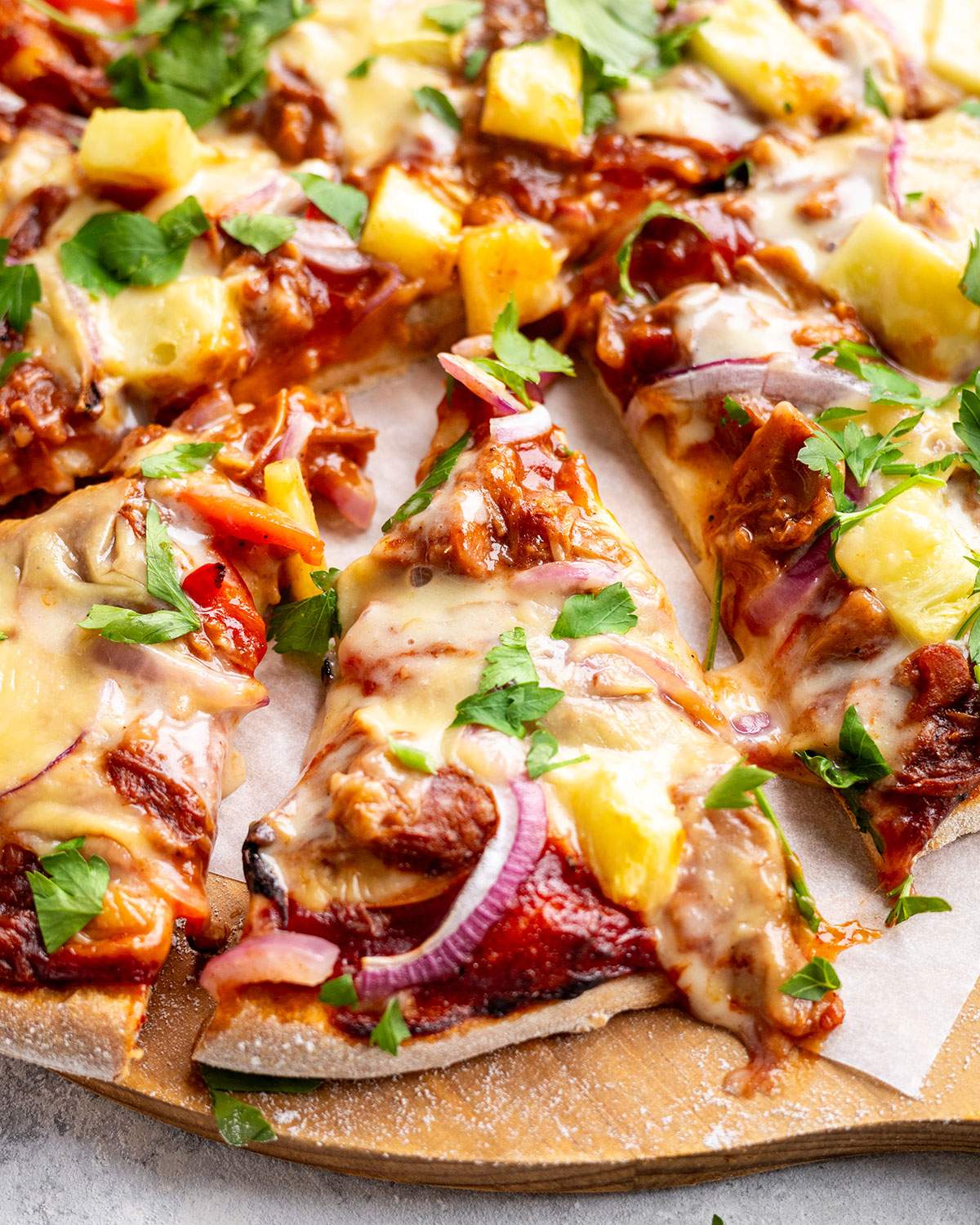 A slice of BBQ pizza ready to serve.