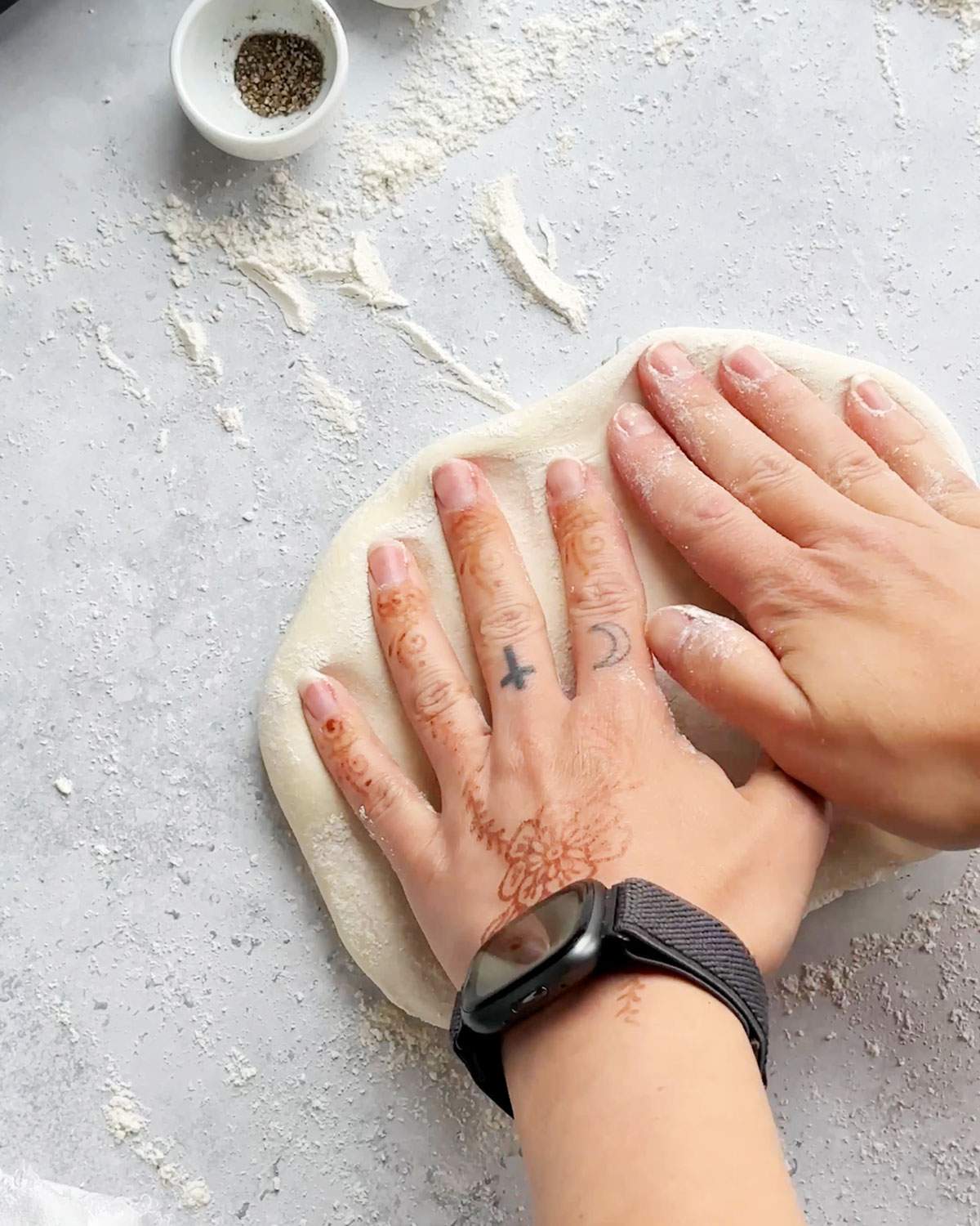 Kneading vegan pizza dough.