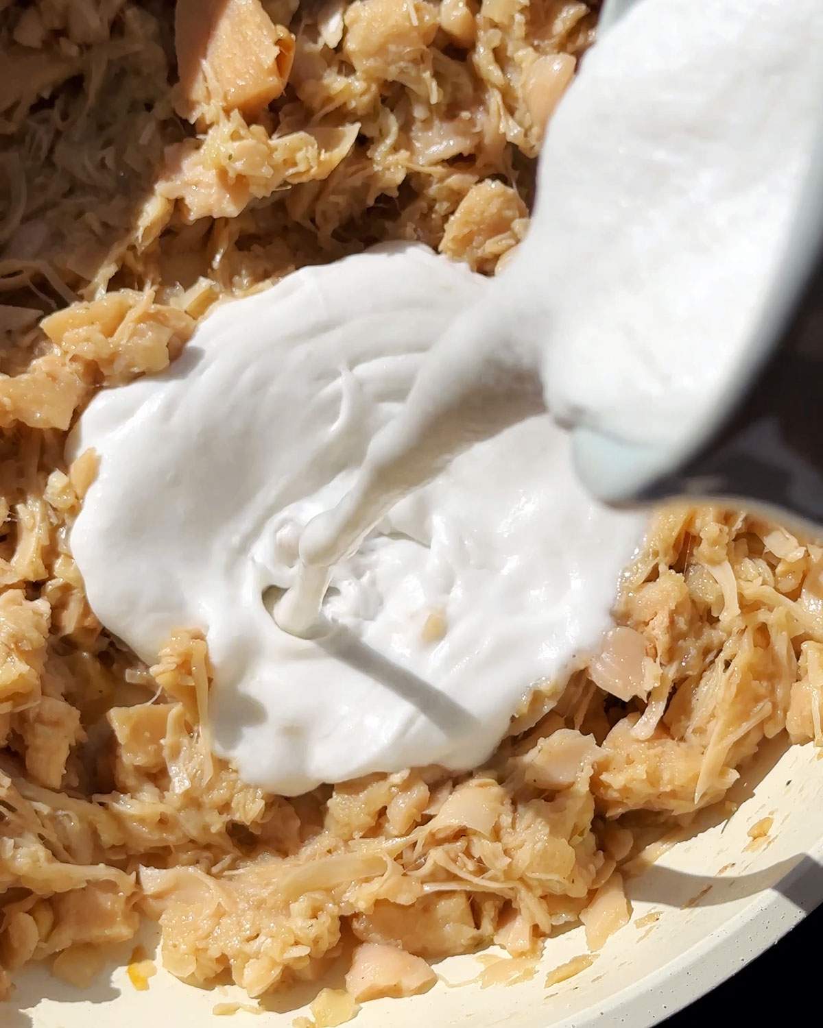 Pouring coconut milk into a skillet.
