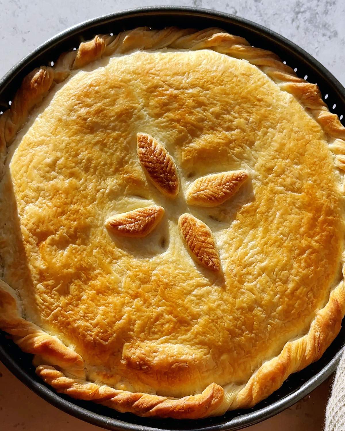Freshly baked vegan chicken pot pie with a golden crust.