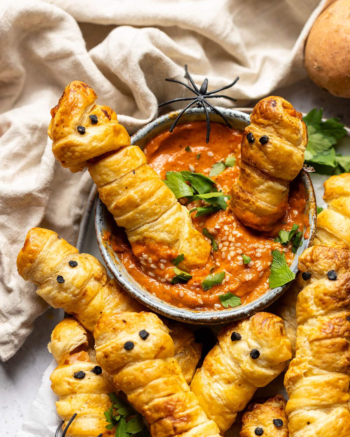 Sweet potato fingers in a red pepper dip.