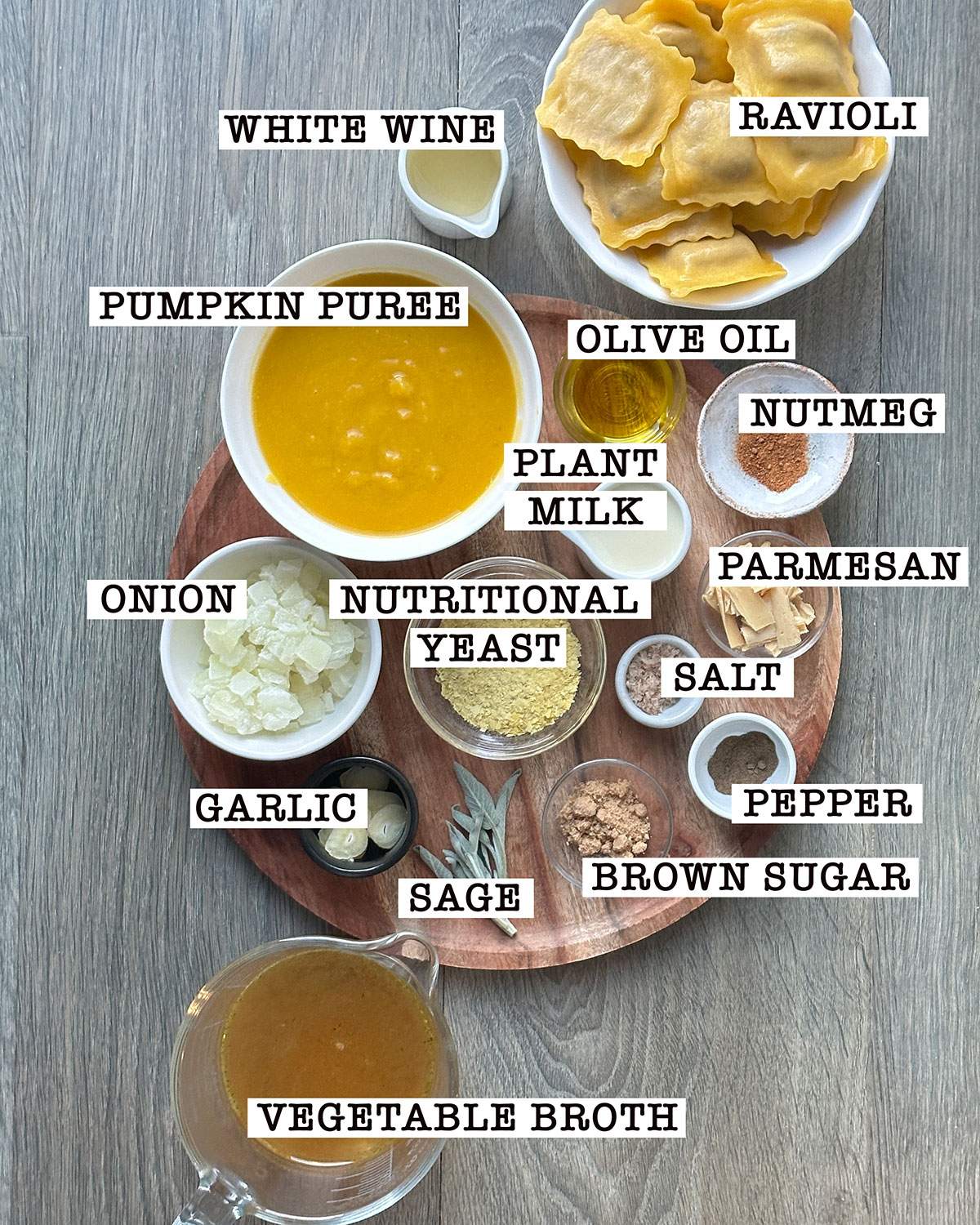 Ingredients for pumpkin ravioli sauce on a table with labels.