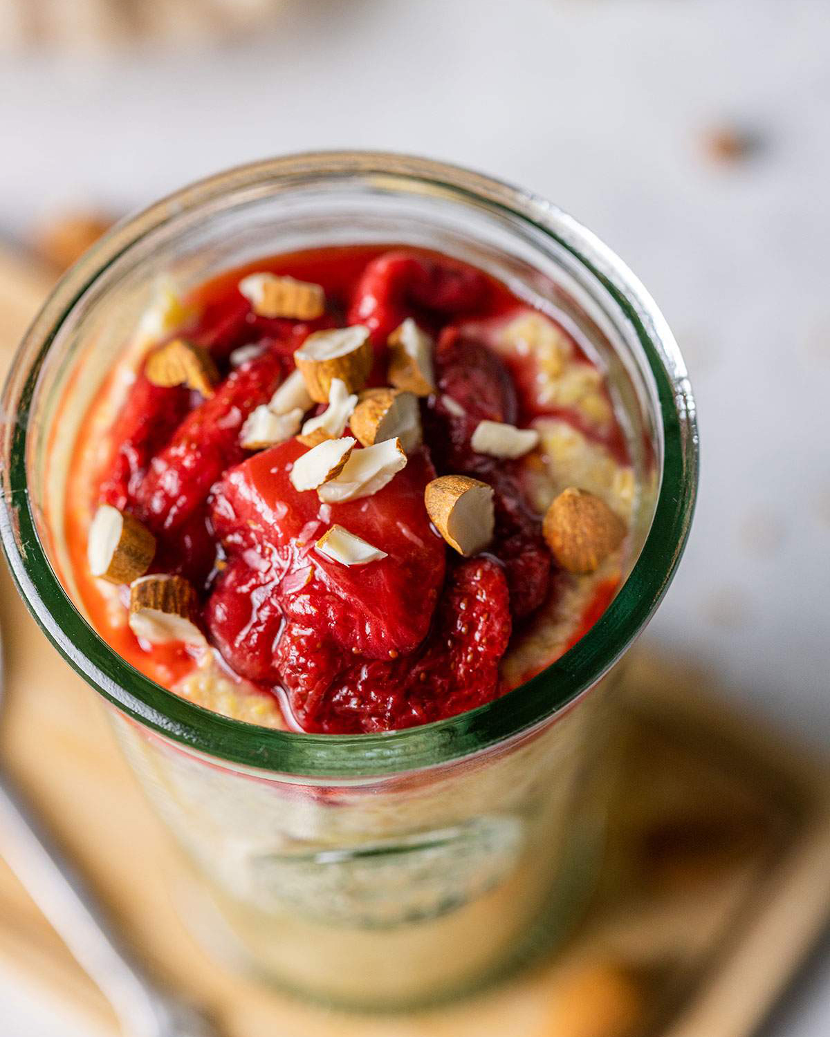 Stewed berries on top of a flaxseed pudding.