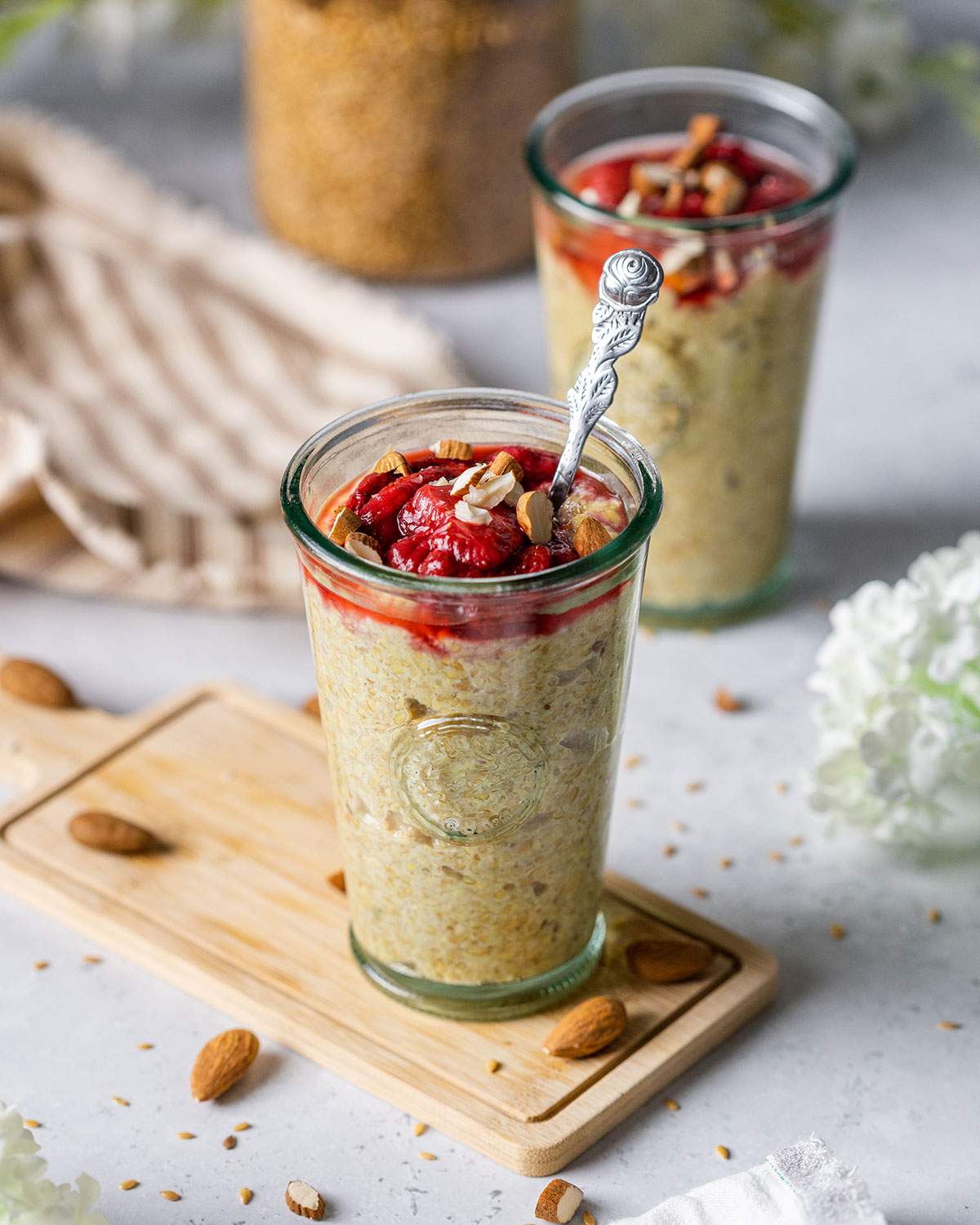 Two portions of healthy flaxseed pudding on the breakfast table.