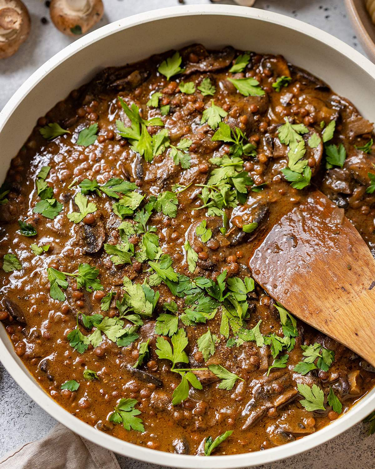 Vegan stroganoff in a skillet.