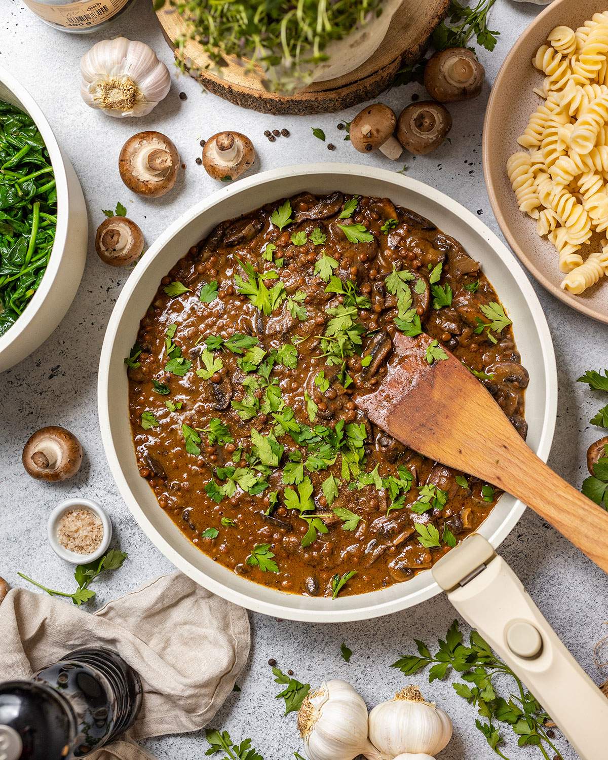 Lentil Stroganoff in a skillet on the table.